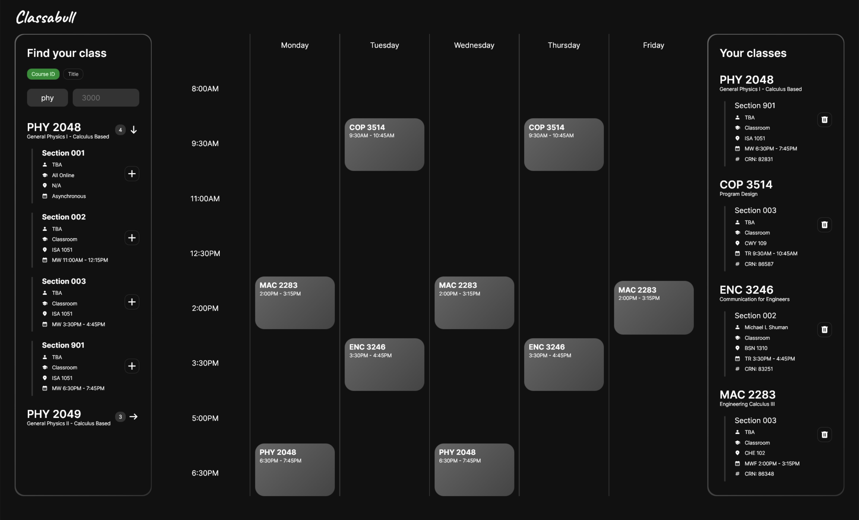 Classabull interface with a filled schedule
