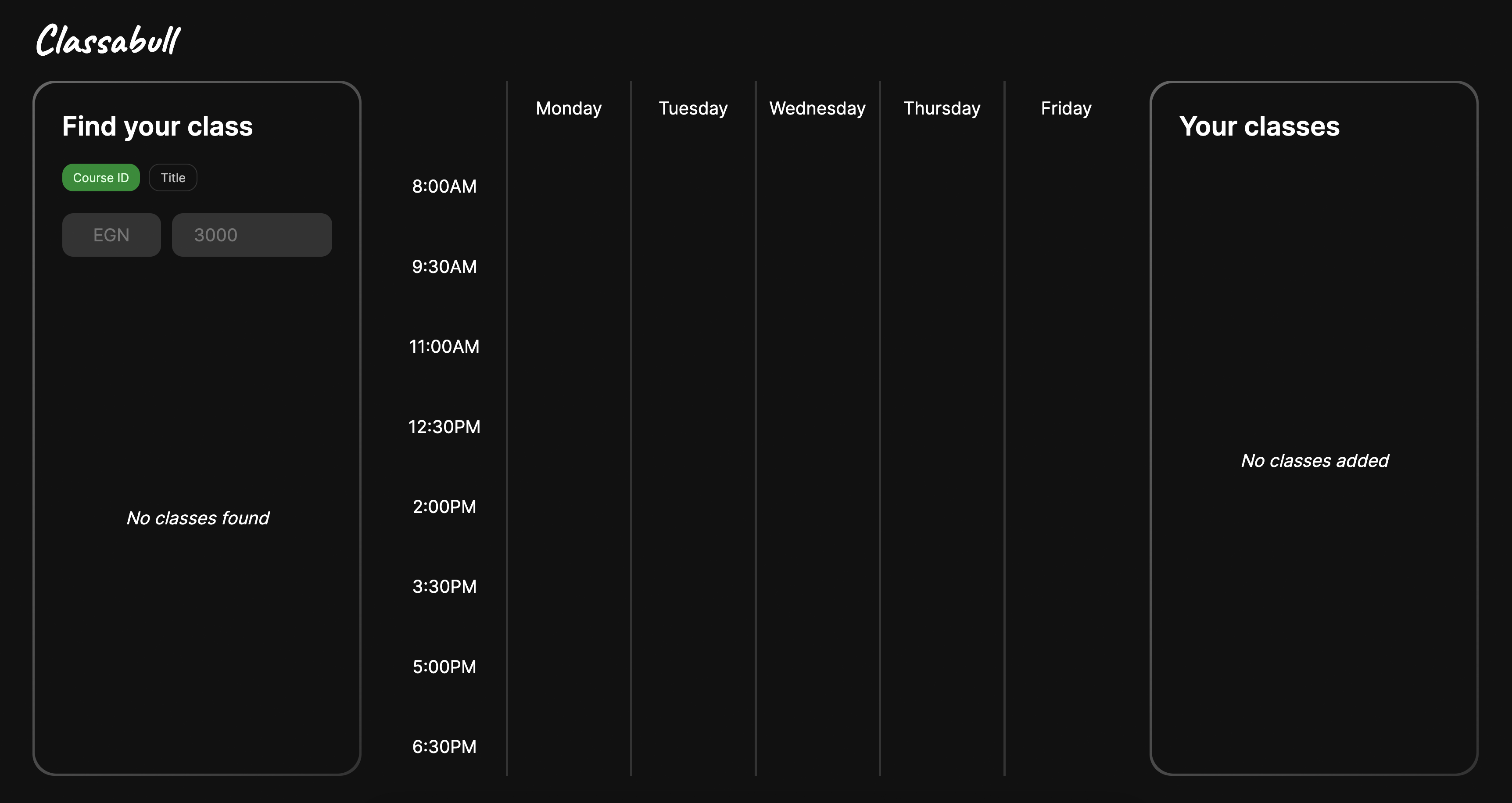 Classabull interface with an empty schedule