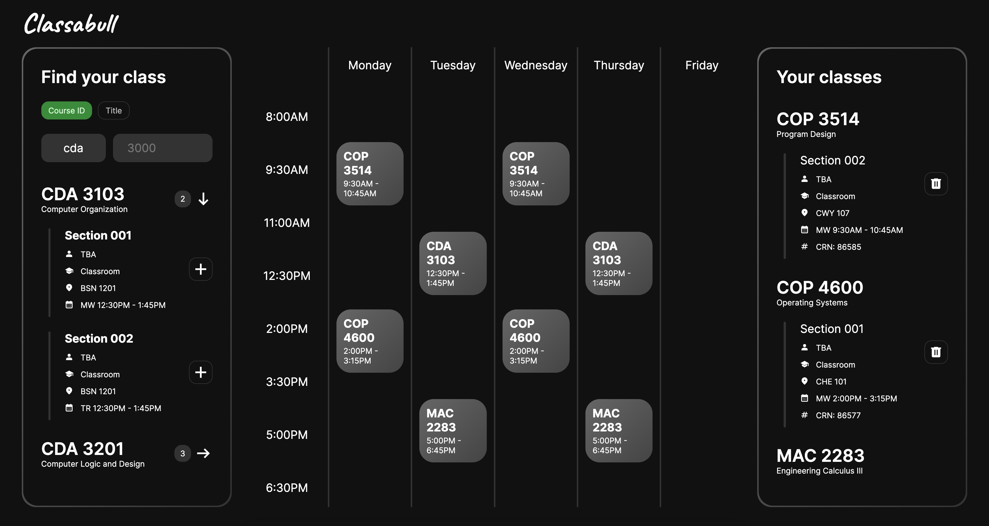 Classabull interface with a differently filled schedule
